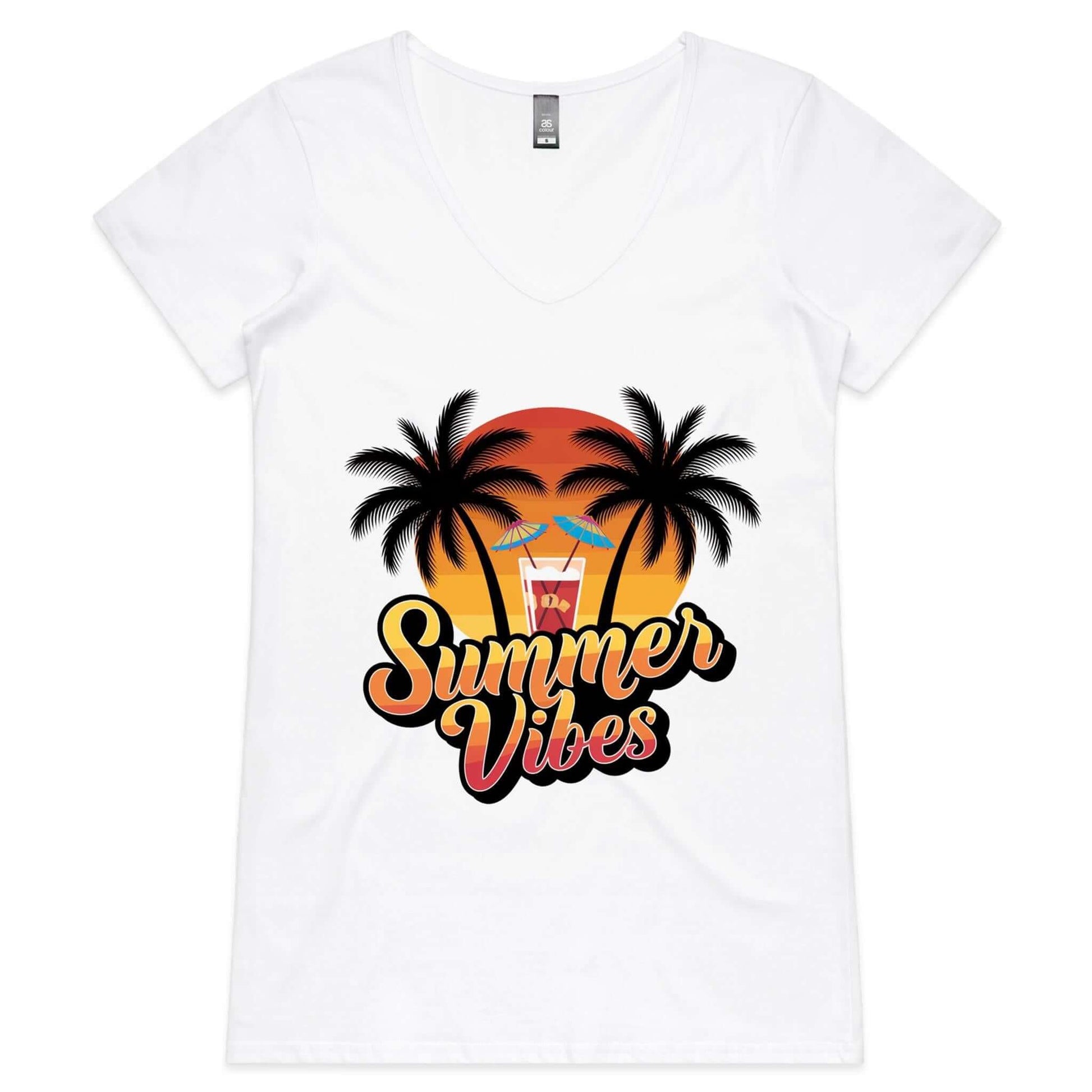 AS Colour women's V-Neck tee featuring tropical drink, palm trees, and retro summer vibes design, perfect for beach wear.