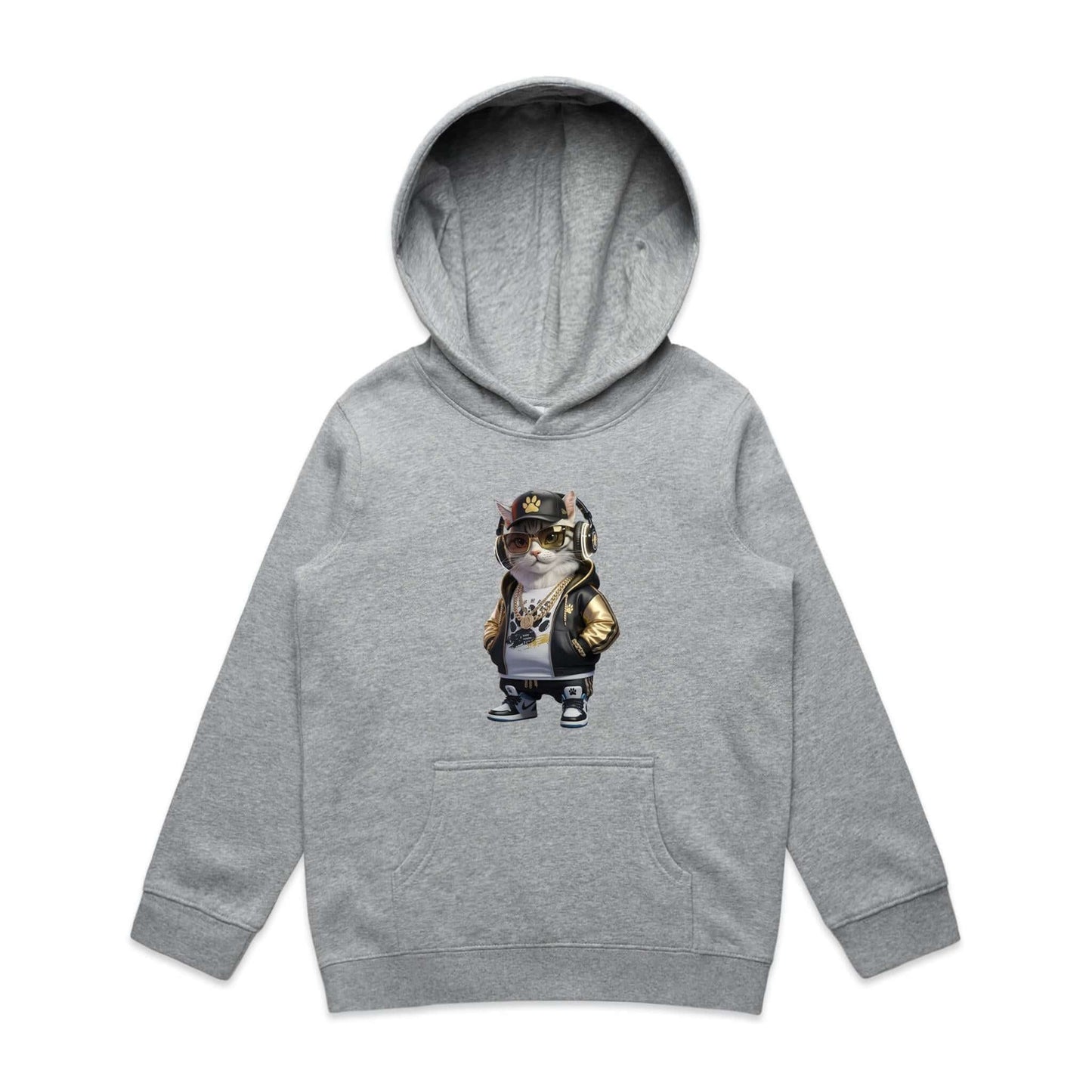 Cool hip hop cat kid's hoodie with cat wearing hoodie, sunglasses, and gold chains, perfect for cat lovers.