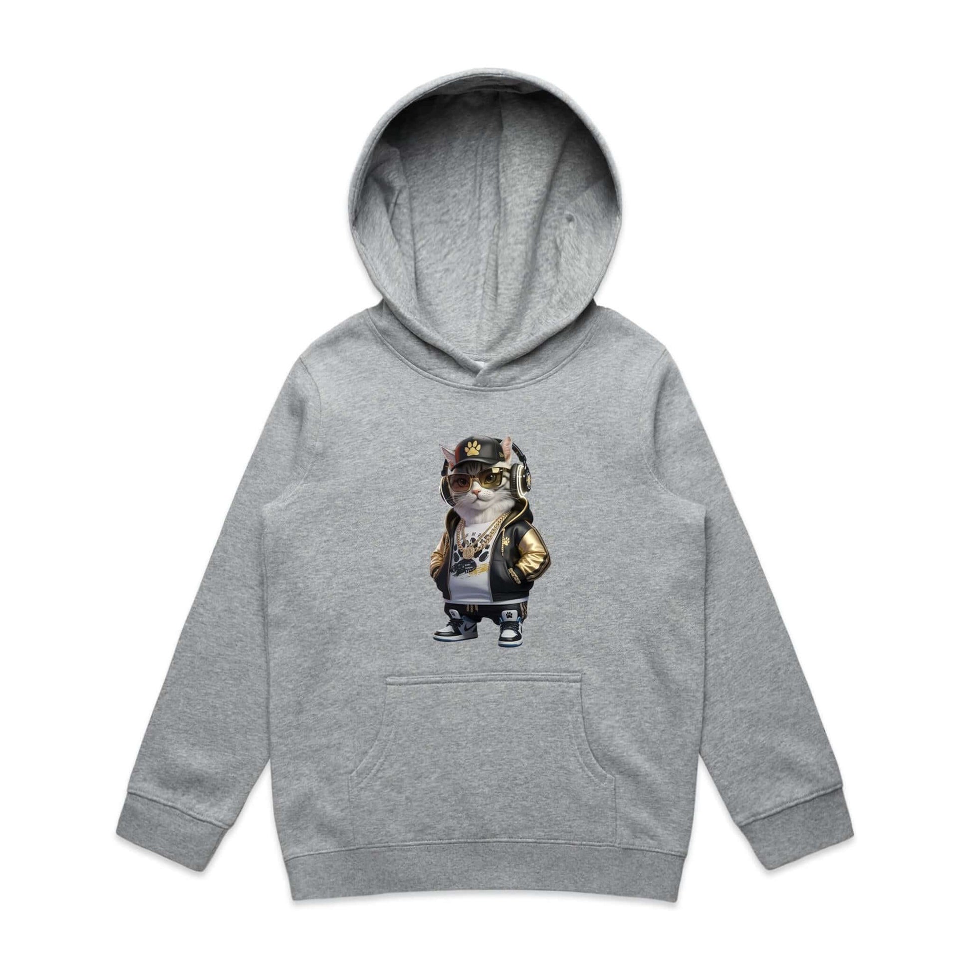 Cool hip hop cat kid's hoodie with cat wearing hoodie, sunglasses, and gold chains, perfect for cat lovers.