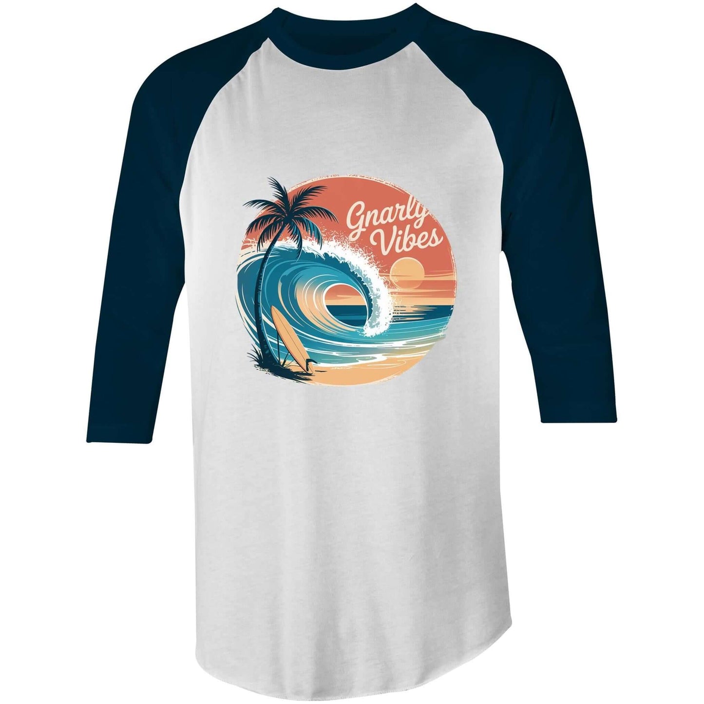 Vintage sunset 3/4 tee hoodie with big wave and palm trees, featuring Gnarly Vibes text, perfect for surf culture enthusiasts.