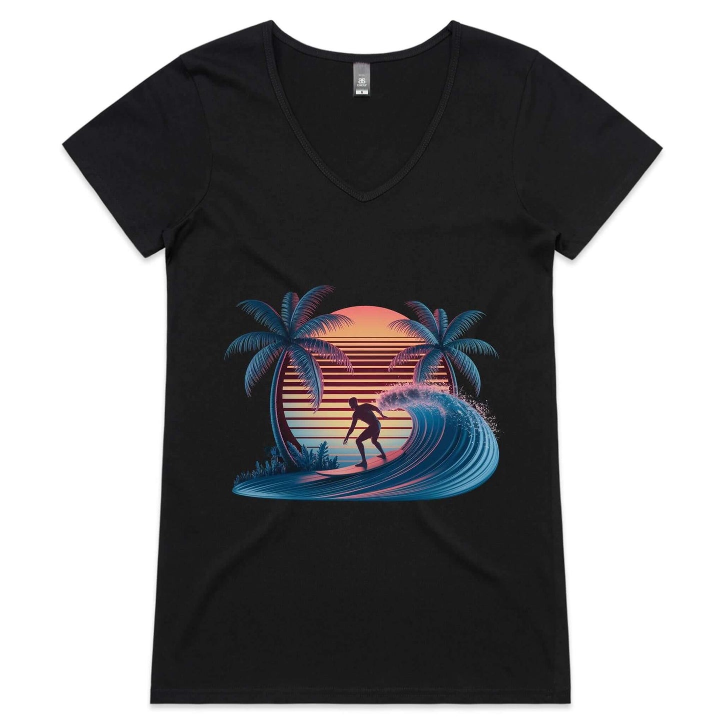  Woman's V-Neck top featuring sunset surfer riding a wave design with palm trees and synth-wave effect.
