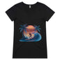  Woman's V-Neck top featuring sunset surfer riding a wave design with palm trees and synth-wave effect.