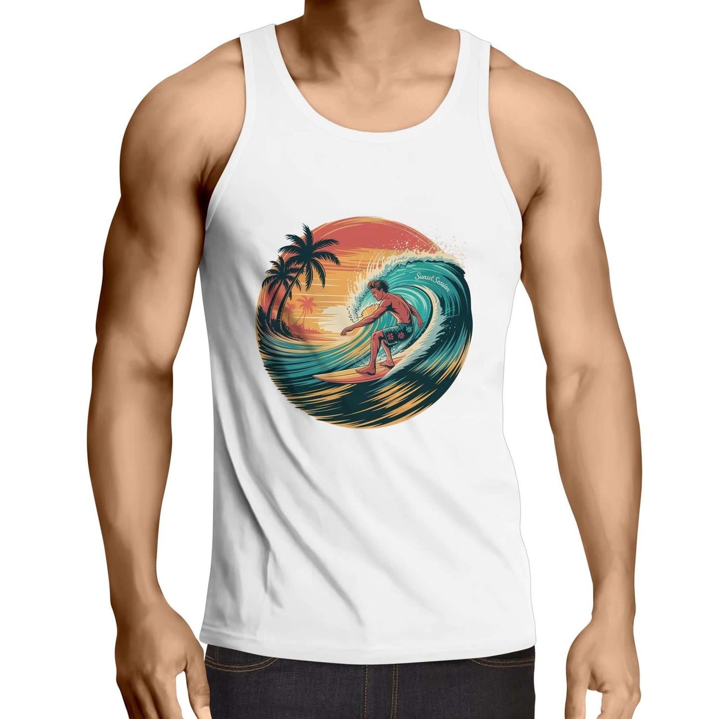 Vintage surfer singlet top with vibrant wave print and sunset, perfect for beach lovers and surf enthusiasts.