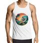 Vintage surfer singlet top with vibrant wave print and sunset, perfect for beach lovers and surf enthusiasts.