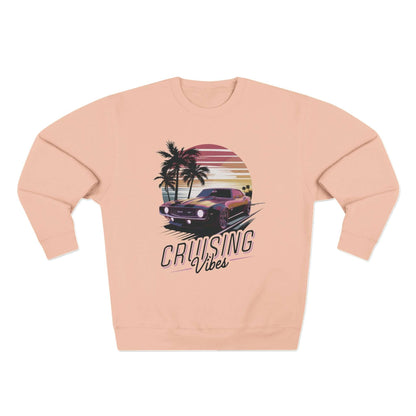 Pink Vintage muscle car sunset Sweatshirt with 'Cruising Vibes' text and tropical design, perfect jumper for casual winter wear and retro car enthusiasts.