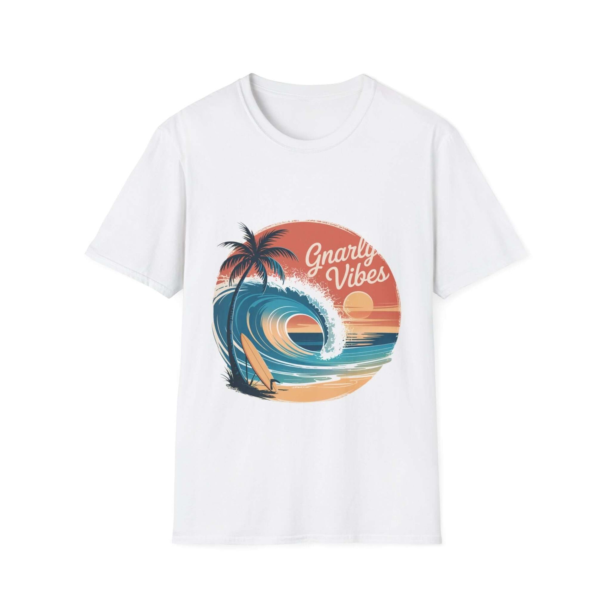 Vintage sunset beach tee with big wave and tropical sunset design, perfect for surf culture and gnarly vibes.