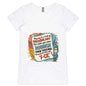 Colorful woman's V-Neck t-shirt with teacher design and humorous quote about vocabulary in playful typography.