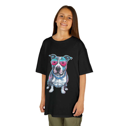 Kids T-shirt - featuring a retro synth wave Pit Bull design with pink sunglasses, perfect Tee for dog lovers.