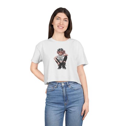 Young girl wearing a trendy urban streetwear crop tee, showcasing relaxed and stylish vibes for casual outings.