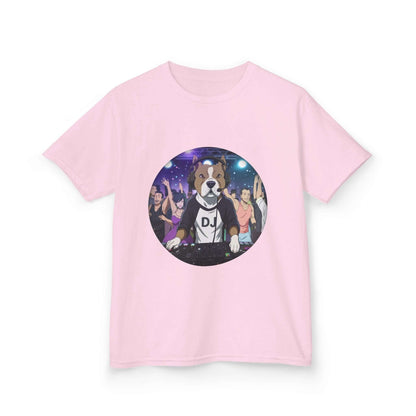 Kids tee featuring a DJ dog playing the decks at a lively party with excited party goers.