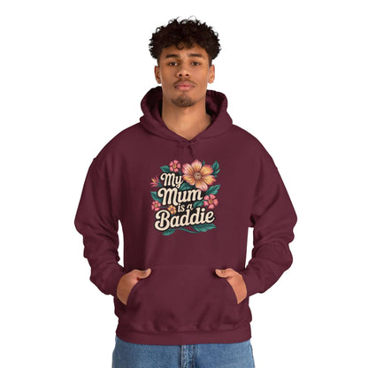 Trendy hooded sweatshirt featuring 'My Mum is a Baddie' and tropical flower design, perfect for Mother's Day gifts.