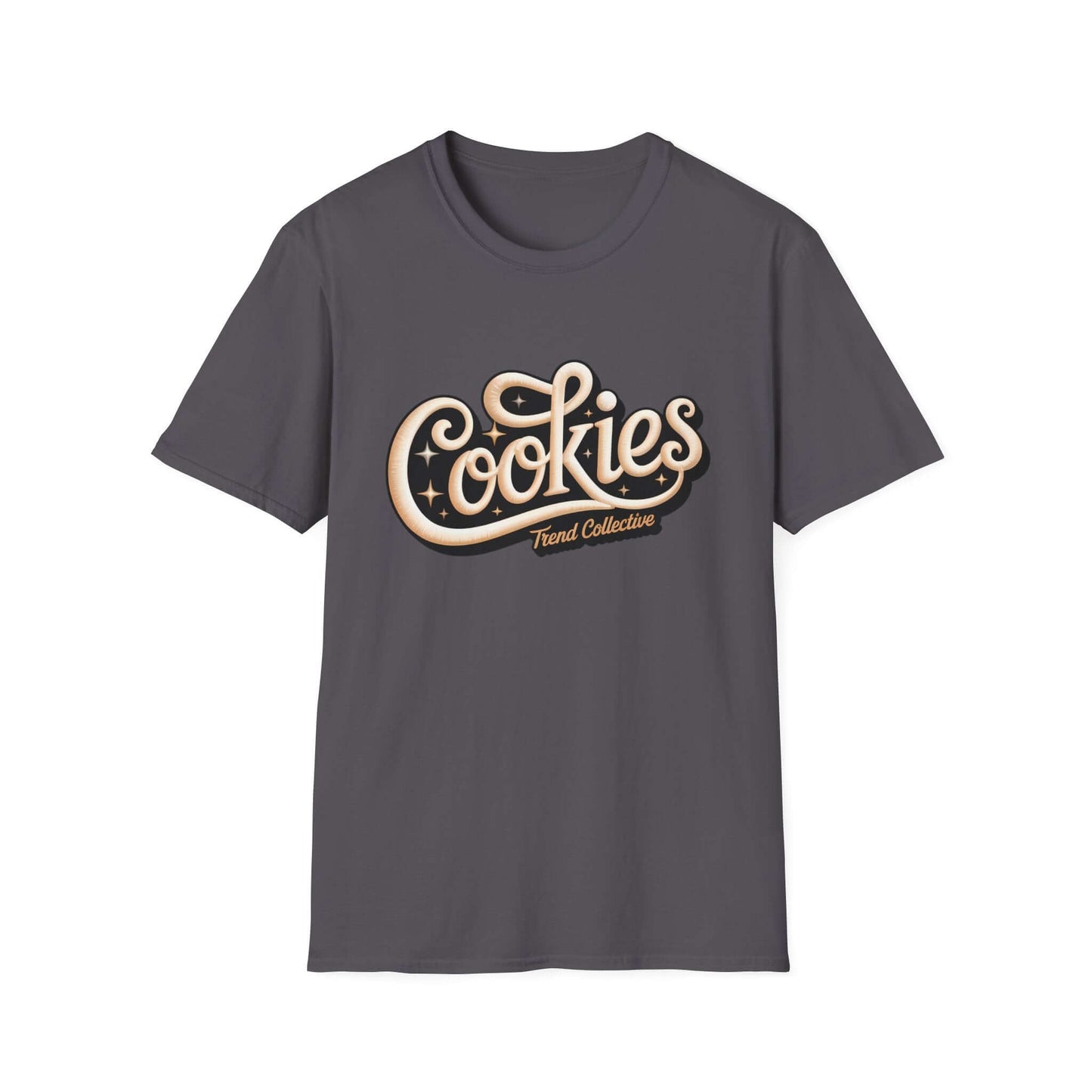 Trendy black 'Cookies Trend Collective' T-Shirt with cursive writing and stars, perfect for stylish casual wear.