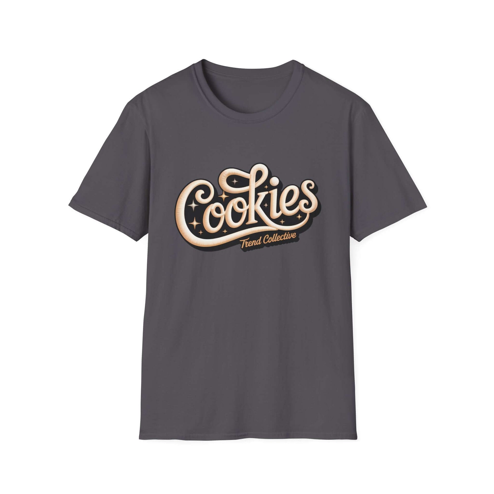 Trendy black 'Cookies Trend Collective' T-Shirt with cursive writing and stars, perfect for stylish casual wear.