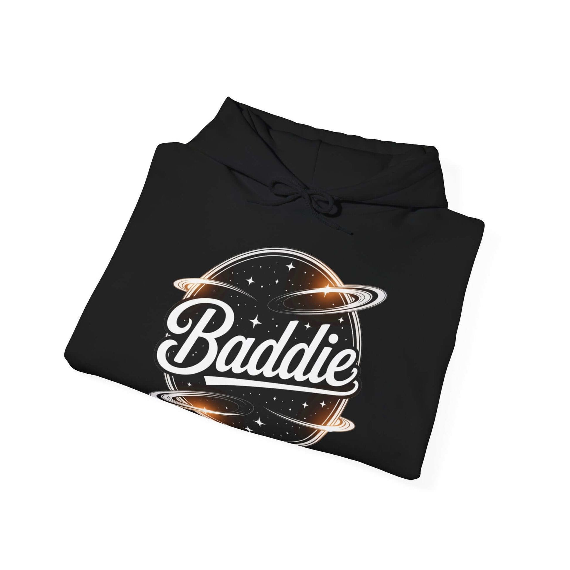 Hooded jumper featuring 'Baddie' universe design with retro vibe, perfect for trendy casual wear.