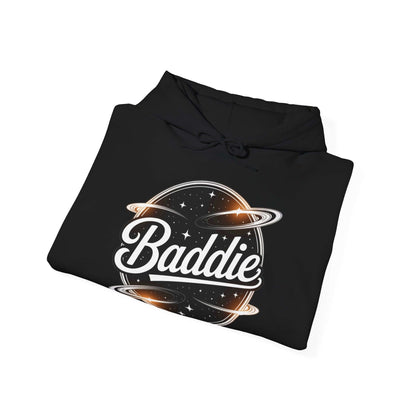 Hooded jumper featuring 'Baddie' universe design with retro vibe, perfect for trendy casual wear.