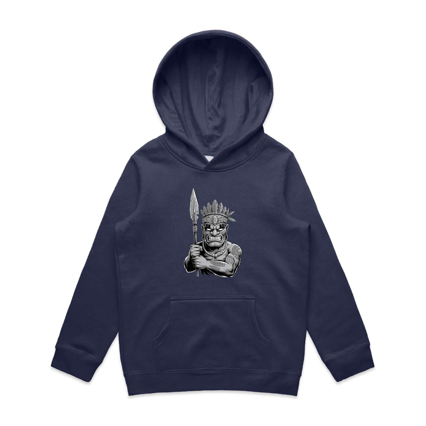 Black and white Tiki character on kid's hooded jumper, showcasing fun fashion for playful occasions and unique style.