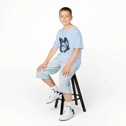 Blue kid's T-shirt featuring a beautiful blue butterfly design, perfect for nature and animal lovers.