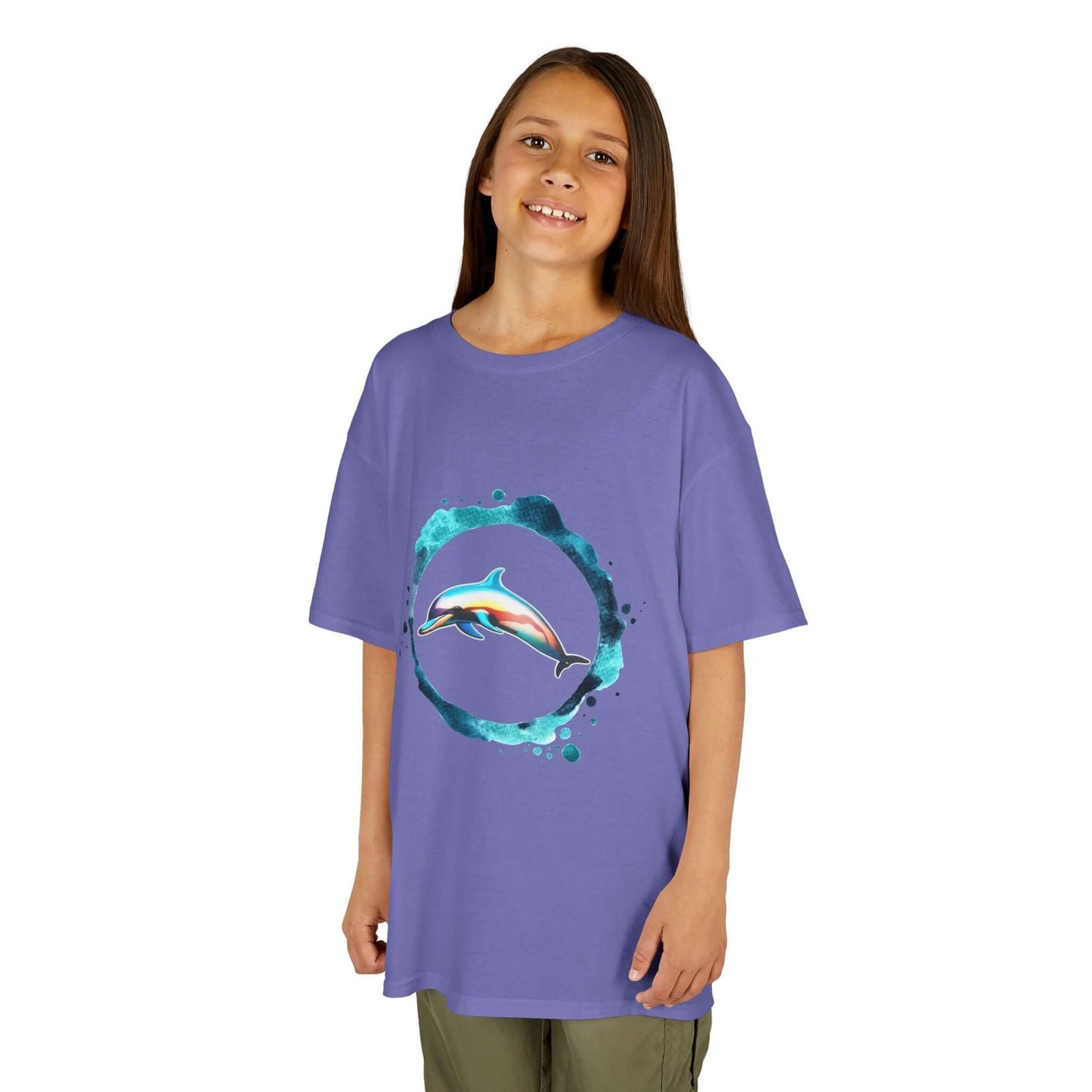Kid's T-shirt with a dolphin jumping through a colorful water ring, perfect for animal lovers.