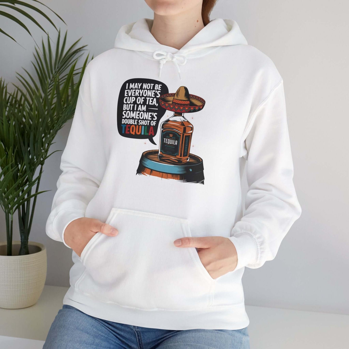 Funny Tequila quote hoodie with sombrero bottle design, perfect for humor lovers and casual wear.