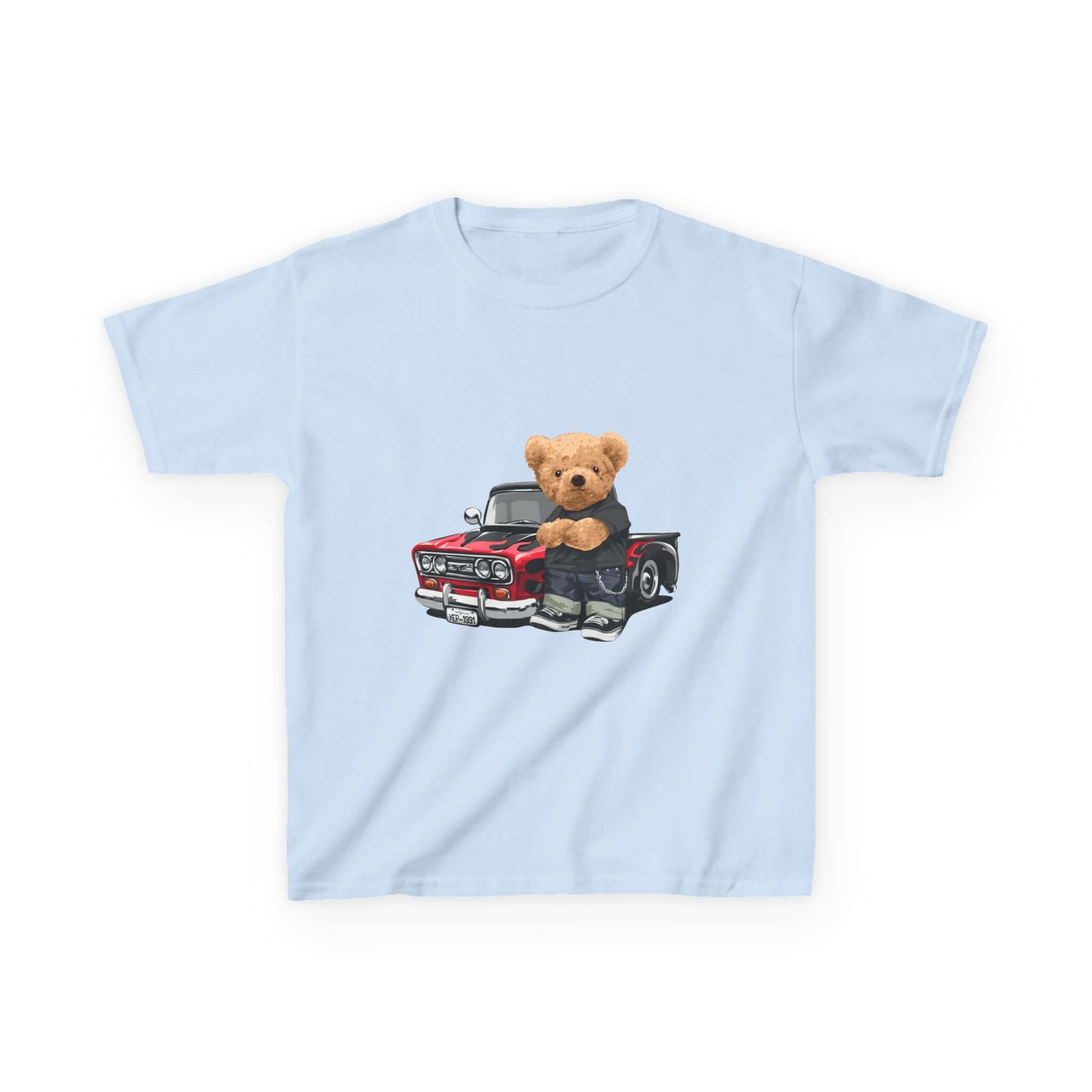 Light blue kid's t-shirt featuring a cute teddy bear with a vintage pickup truck design, perfect for car lovers.
