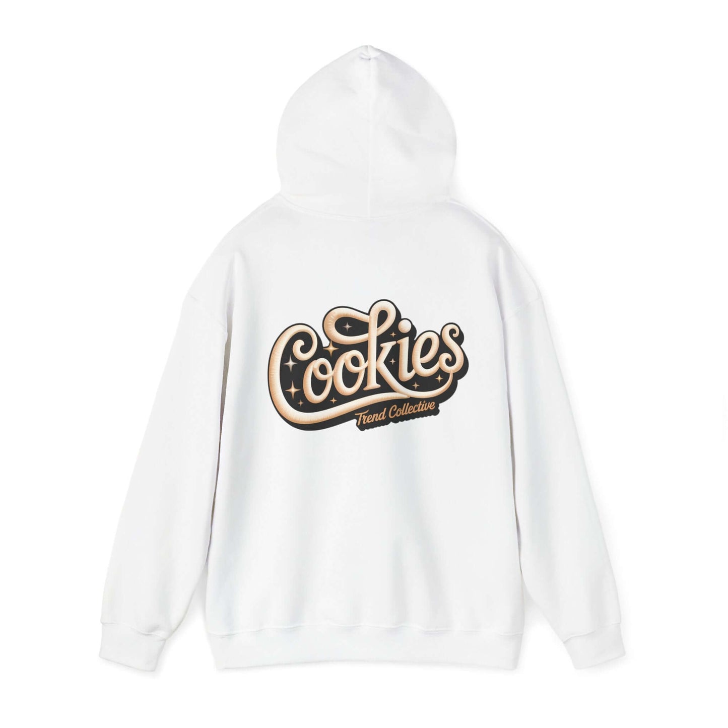 Vintage-inspired white hoodie with elegant swirling script 'Cookies Trend Collective' design on back.