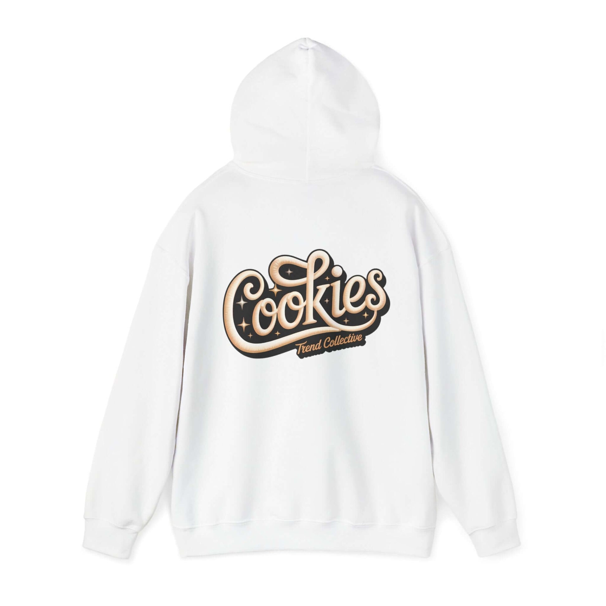Vintage-inspired white hoodie with elegant swirling script 'Cookies Trend Collective' design on back.
