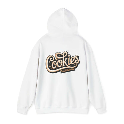 Vintage-inspired white hoodie with elegant swirling script 'Cookies Trend Collective' design on back.