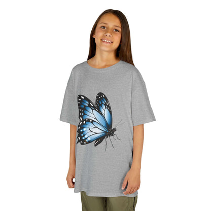 Gray kid's T-shirt featuring a beautiful blue butterfly design, perfect for nature lovers and children.