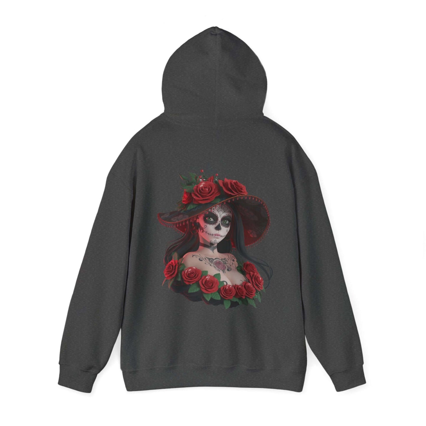 Chibi sugar skull woman hoodie with roses, perfect for Halloween and Day of the Dead celebrations.