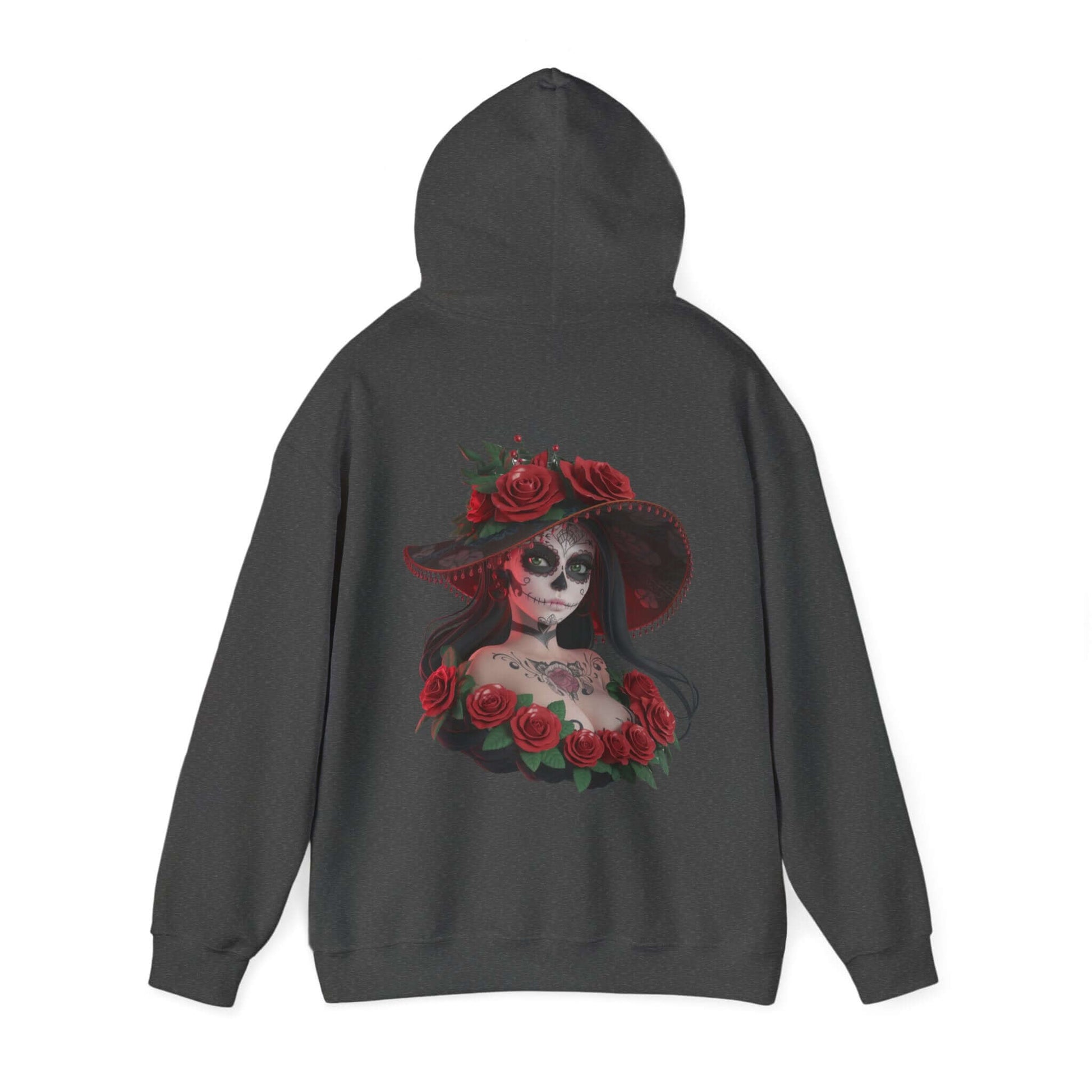 Chibi sugar skull woman hoodie with roses, perfect for Halloween and Day of the Dead celebrations.