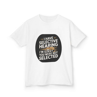 Kids tee featuring a sleeping cat and funny quote 'I have selective hearing I'm sorry you were not selected'.