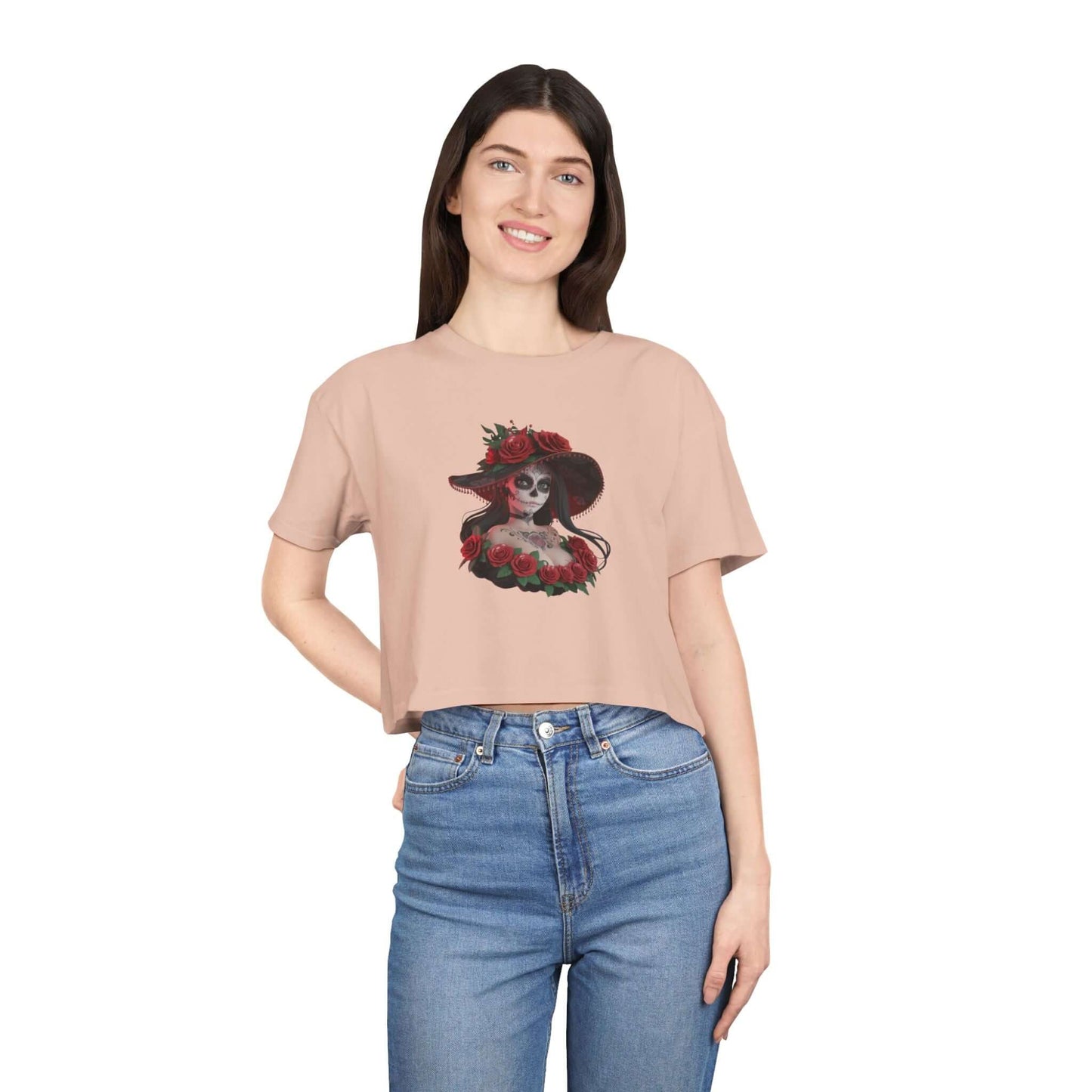 Chibi sugar skull woman pale pink crop top with roses, perfect for Halloween and Day of the Dead festivities.