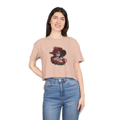 Chibi sugar skull woman pale pink crop top with roses, perfect for Halloween and Day of the Dead festivities.