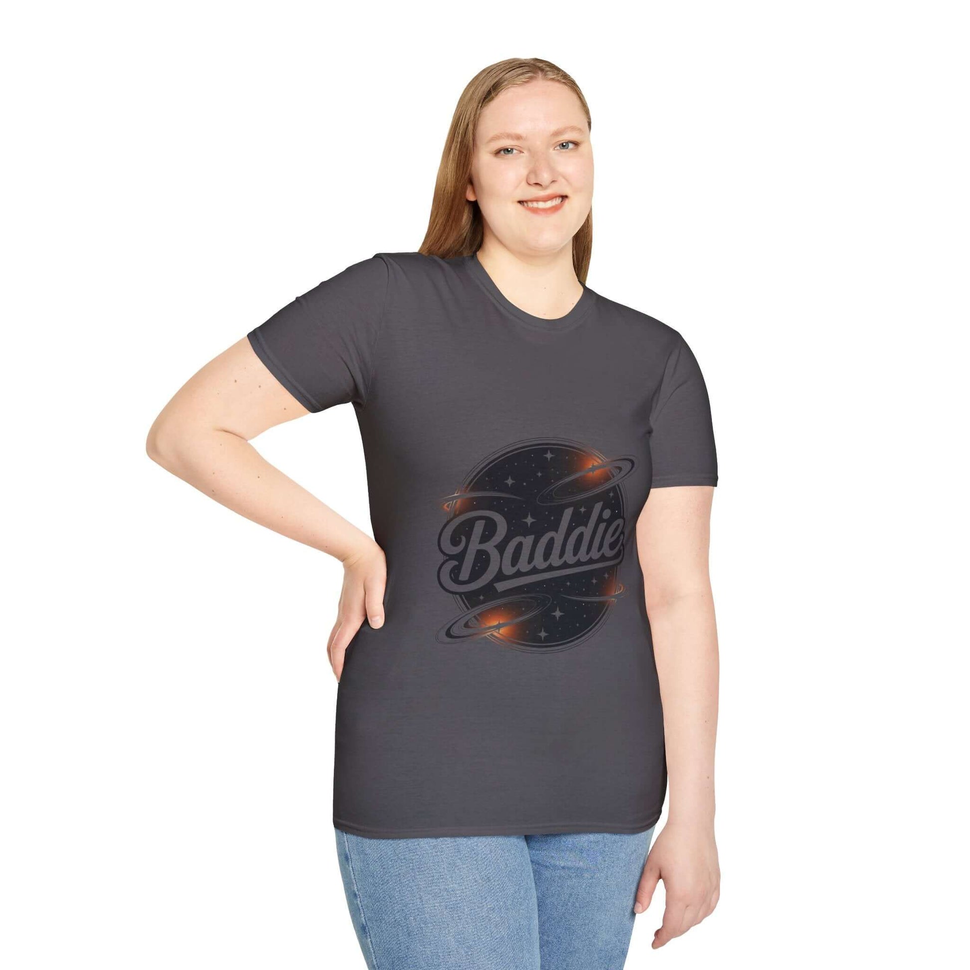 Unisex soft-style t-shirt featuring retro 'Baddie' universe design, trendy and comfortable for casual wear.