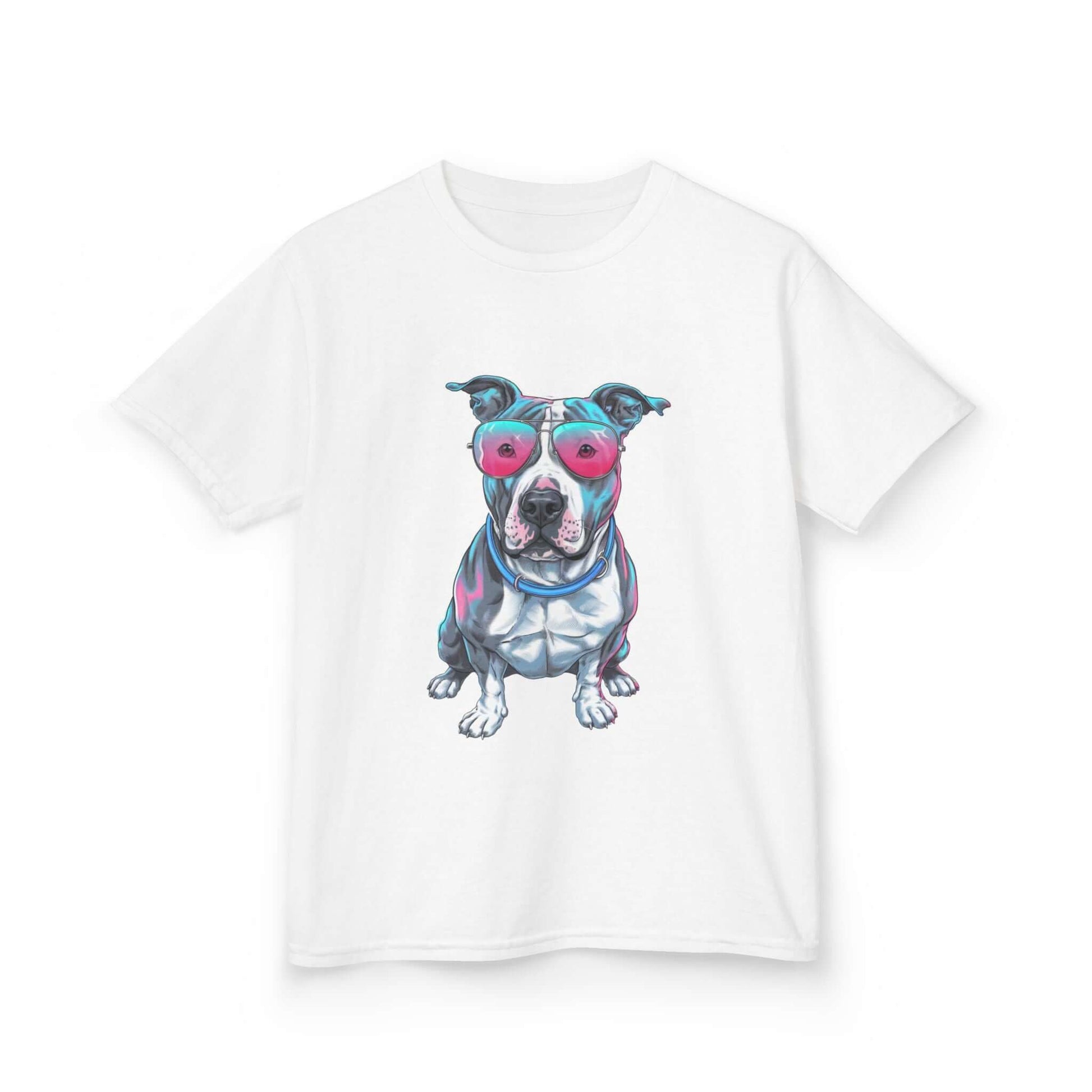 Kids T-shirt - featuring a retro synth wave Pit Bull design with pink sunglasses, ideal for dog and animal lovers.