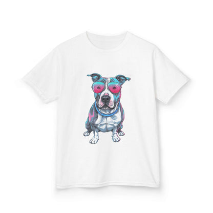 Kids T-shirt - featuring a retro synth wave Pit Bull design with pink sunglasses, ideal for dog and animal lovers.