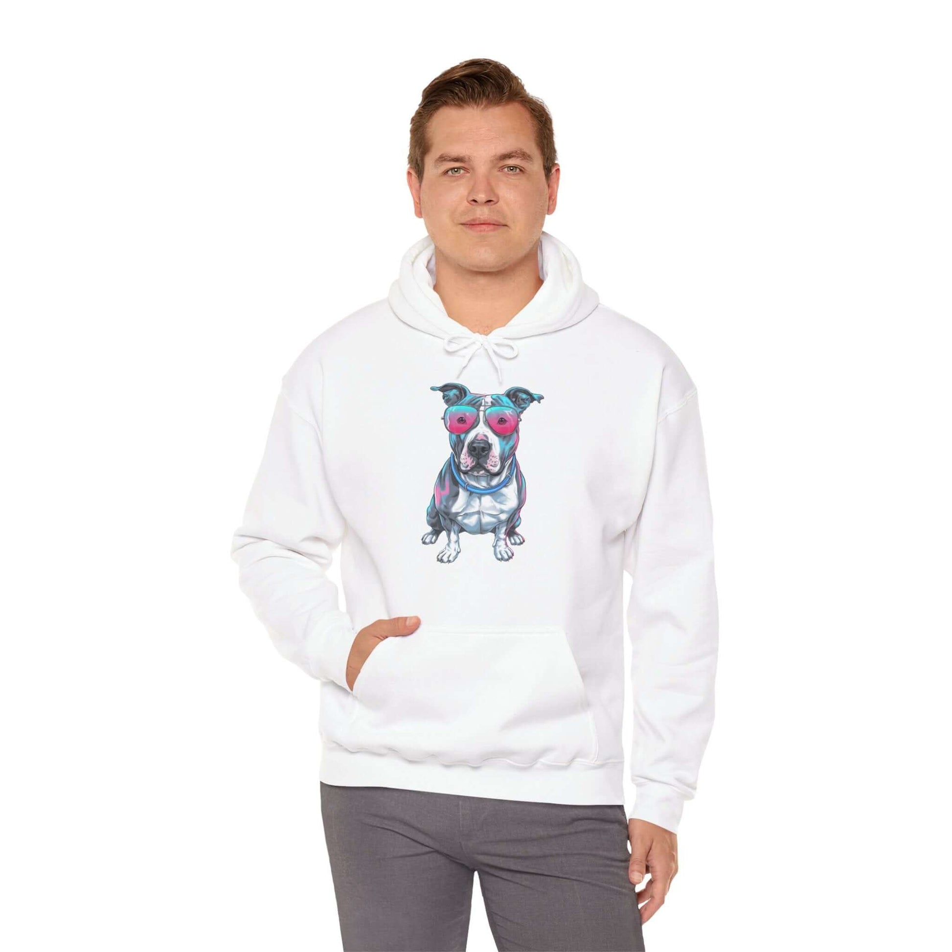 Unisex white hoodie featuring a pit bull wearing pink sunglasses with a synth-wave effect for a retro vibe.