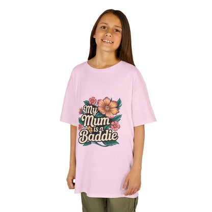 Kids tee in pink with tropical flower design and text 'My Mum is a Baddie', perfect for Mother's Day.