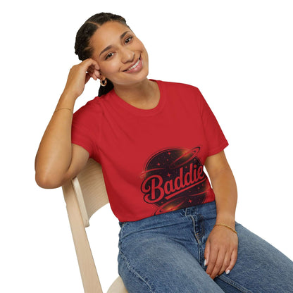 Unisex soft-style t-shirt with retro 'Baddie' universe design, perfect for trendy casual wear.