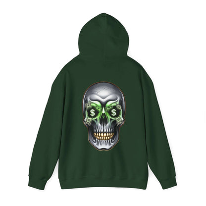 Cool money skull hoodie featuring dollar bills in eye sockets, perfect for edgy streetwear fashion.