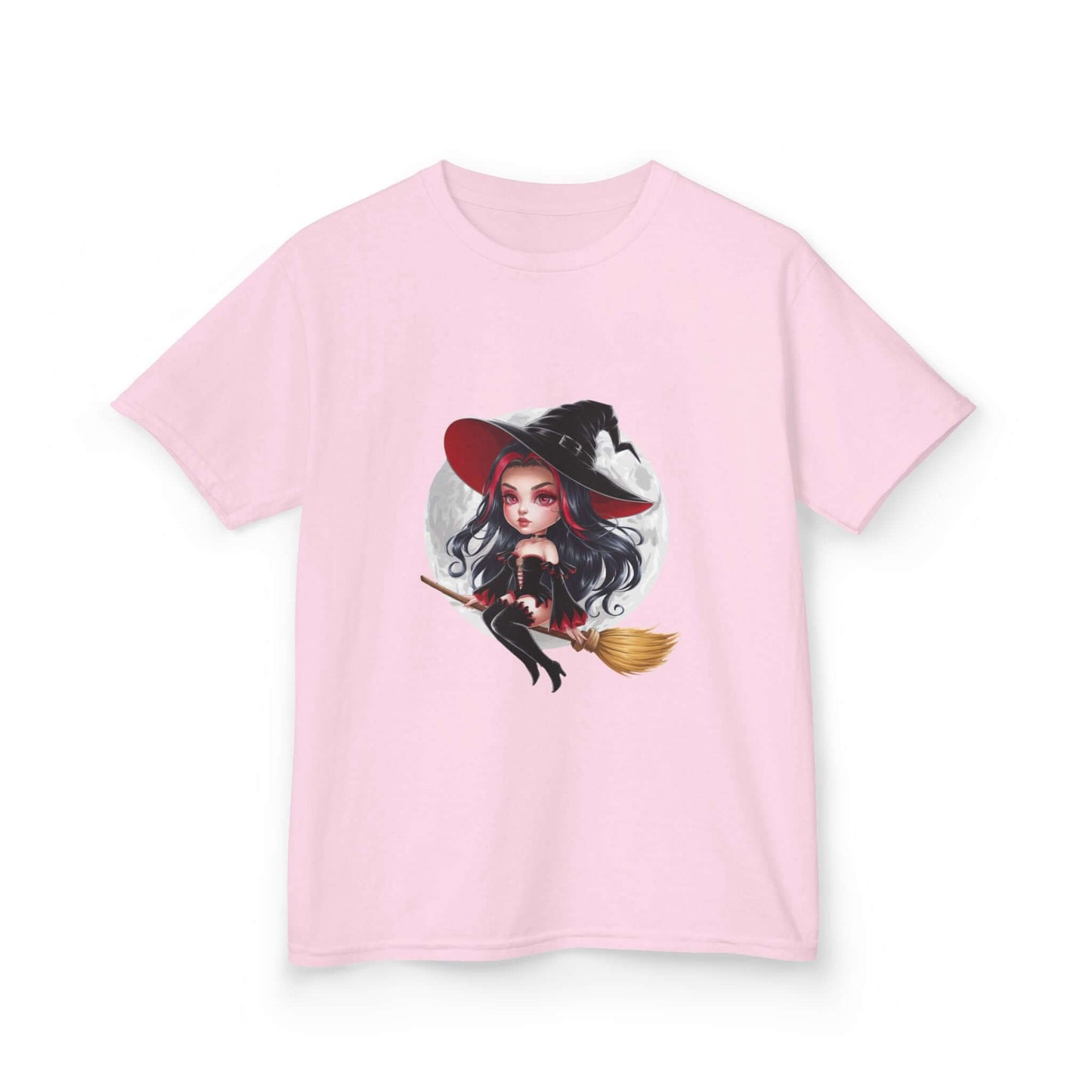 Chibi style witch on broom against full moon background, playful pink kids tee for Halloween.