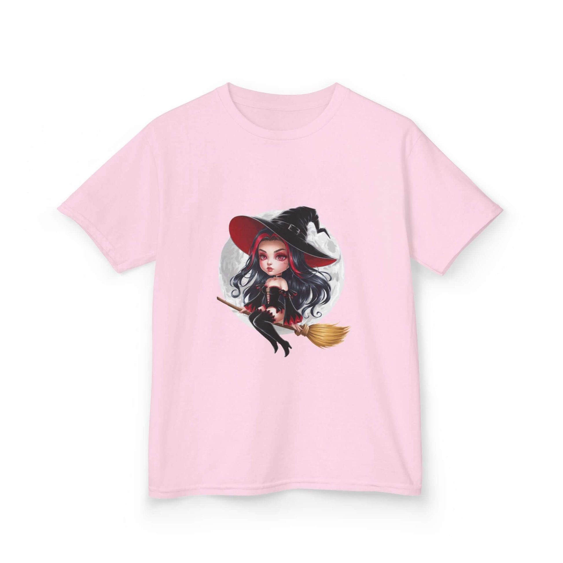 Chibi style witch on broom against full moon background, playful pink kids tee for Halloween.