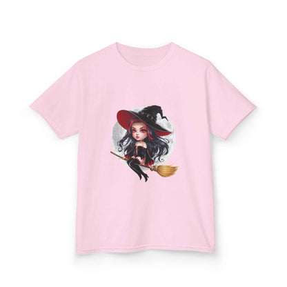 Chibi style witch on broom against full moon background, playful pink kids tee for Halloween.