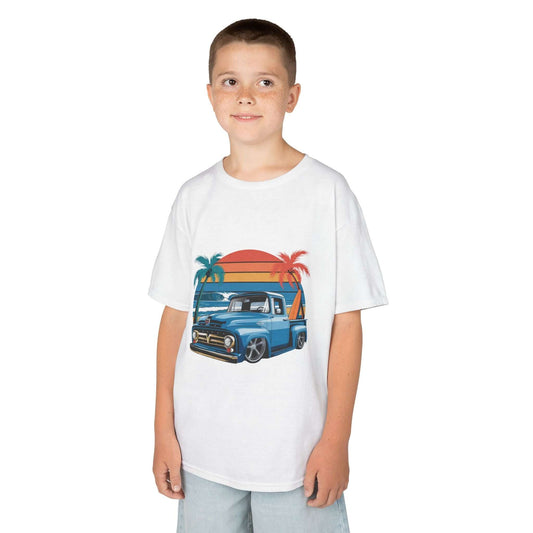 Retro kids T-shirt featuring a vintage pickup truck design, perfect for cruisin vibes and car lovers.