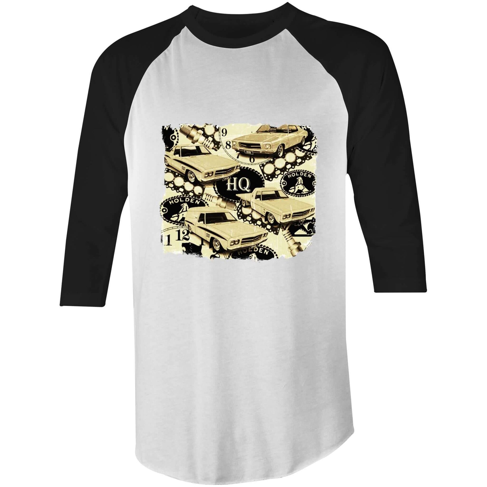 Vintage Holden Cars 3/4 sleeve top featuring 70's HQ Monaro, Panel Van, Ute, and One Tonner design, perfect for car enthusiasts.