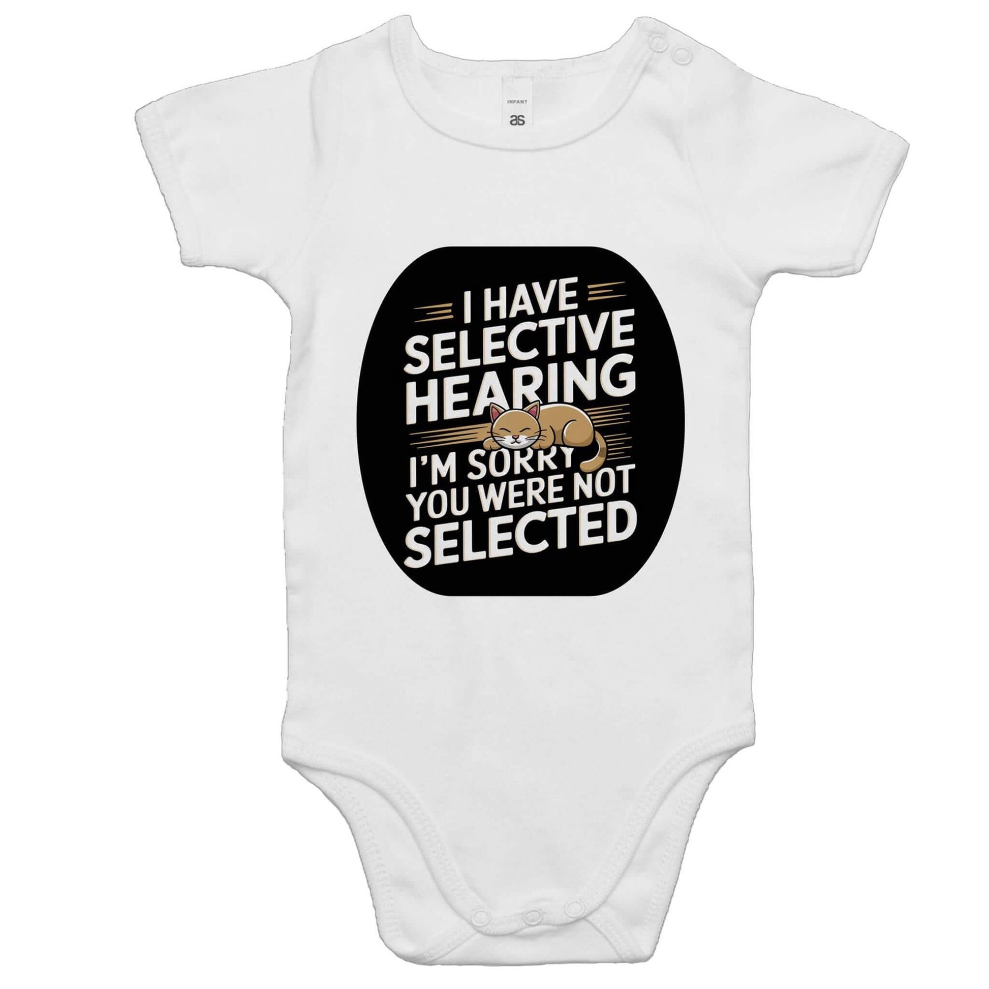 AS Colour baby onesie with sleeping cat and funny quote about selective hearing for infants and toddlers.