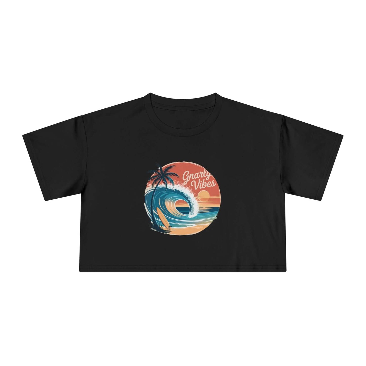 Women's black crop top featuring a retro big wave surf design with 'Gnarly Vibes' and sunset beach graphics.