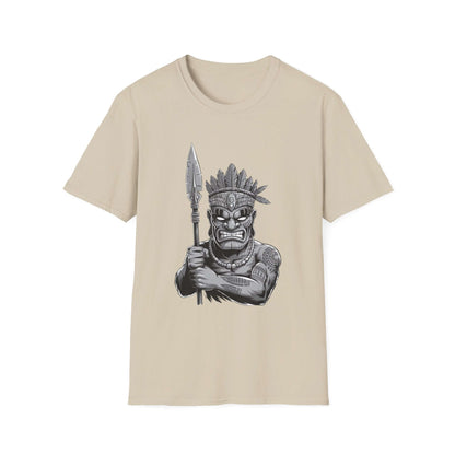 Tiki character unisex T-shirt with spear design, stylish addition for unique fashion and tropical-themed events.