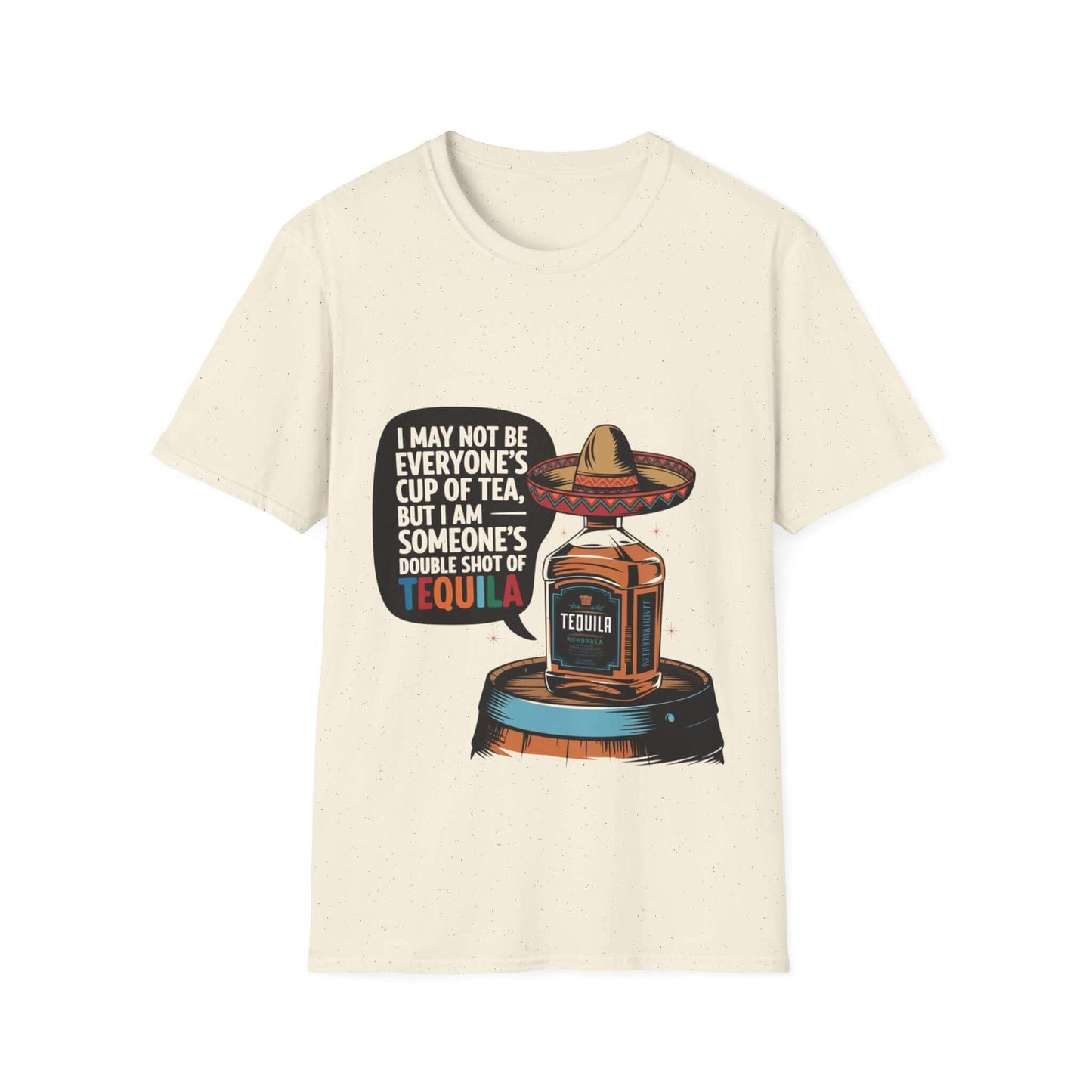 Funny design T-shirt with a tequila bottle wearing a sombrero and quote about double shots of tequila for party wear.