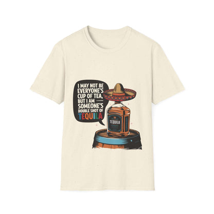Funny design T-shirt with a tequila bottle wearing a sombrero and quote about double shots of tequila for party wear.